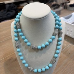Turquoise Glass Beads w/Rhinestone Beads In Long Knotted Strand Necklace 34”