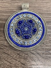 Vintage Best Round Pendant Silver Tone Metal Blue Rhinestone Crystal Beads