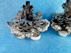 Alice Caviness VTG Clip On Earrings Faux Pearl Rhinestone Cluster Signed
