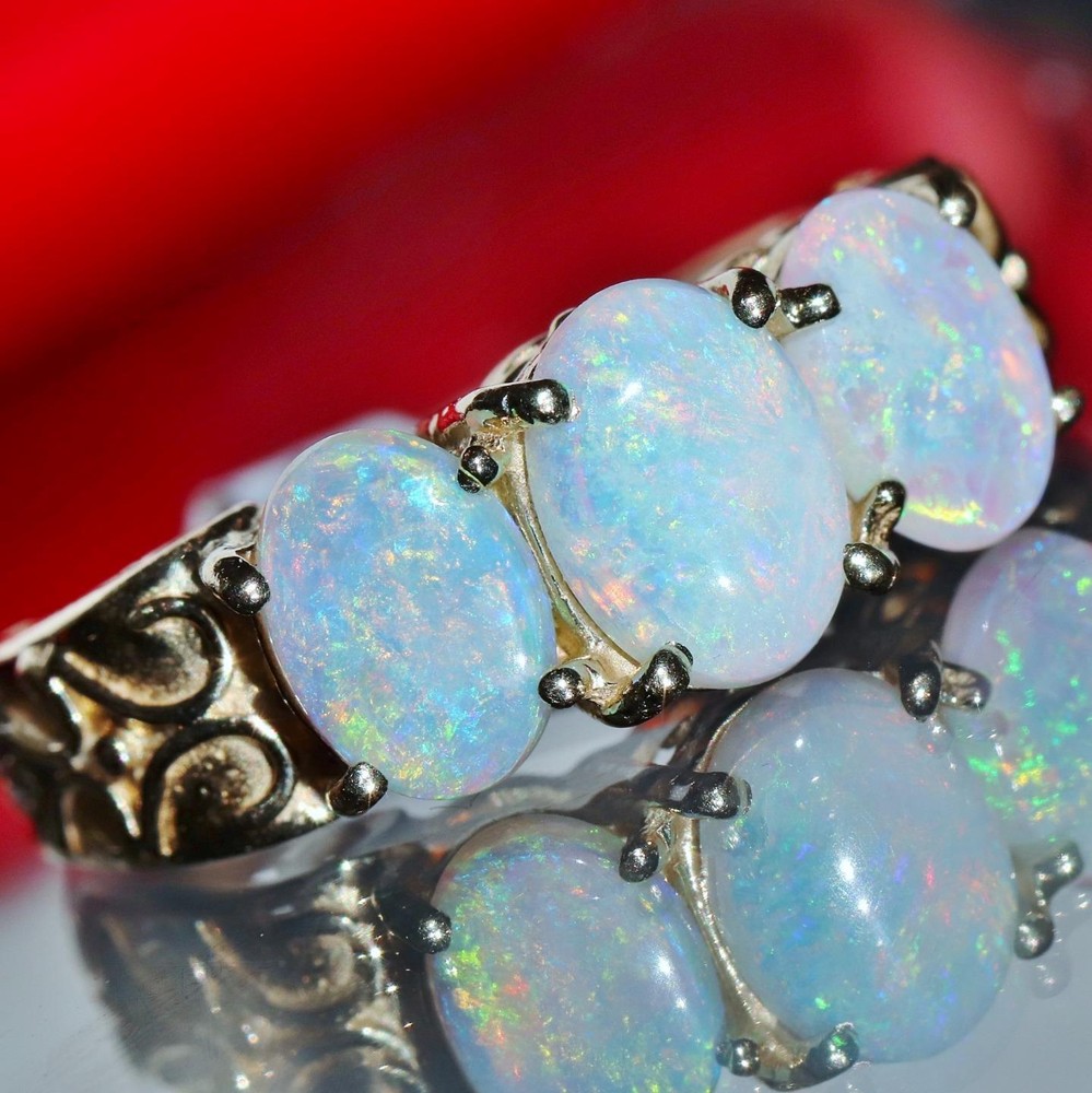 14k yellow gold ring 1.25ct Australian fiery opal size 5.75 antique 3.8gr N3005D