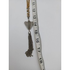 Vtg Wood Beads & Metal Triangle Geometric Pendant w Tassel Silver Chain 17.5″