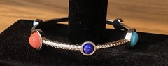 RJG SIGNED GRAZIANO SILVER TONE FAUX MULTICOLOR GEMSTONE BANGLE BRACELET 2 3/4”