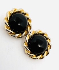 Large PAOLO GUCCI Rope Twist Black Cabochon Clip Backs Vintage Jewelry