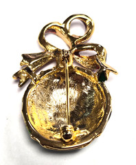 Estate Gold Tone Christmas Ornament & Red Ribbon Enamel Holiday Pin / Brooch