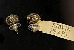 Vintage NOS Erwin Pearl Gold Tone Knot Pierced Earrings Ribbed Designer