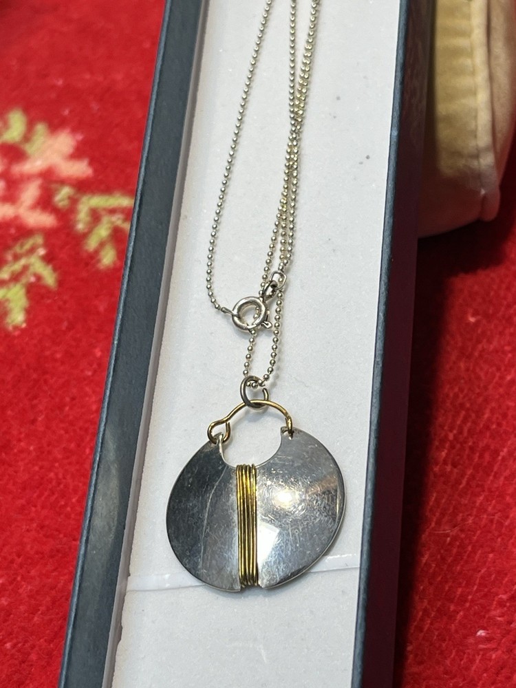 Vintage Modern Handmade by Banner 2-Tone Sterling Silver Disk Pendant Necklace