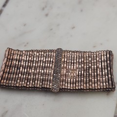 Vintage Heavy Copper Stretch Cuff Bracelet Hematite Rhinestone Wide Statement
