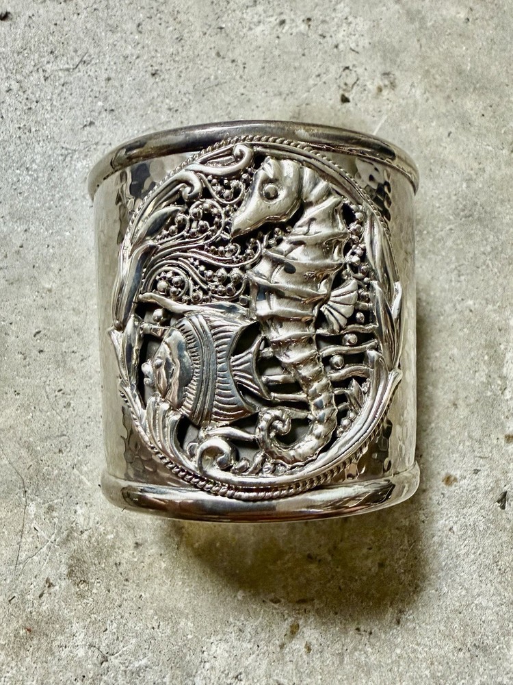 SARDA 925 Sterling Silver Seahorse Wide Cuff Bracelet 72.6g 7” Fit