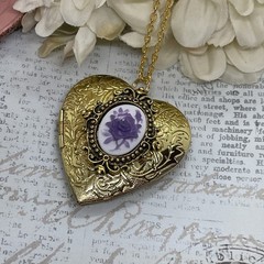 Gold Heart Locket Birthday Anniversary Wedding Purple White Rose Cameo Necklace