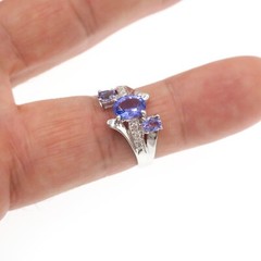 Fabulous 14k Solid White Gold Natural Tanzanite and Diamond 3-Stone Ring Sz 6.5
