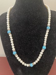 Vtg Danbury Mint Turquoise Pearl Crystal Set 19″ Necklace, 8″ Bracelet, Earrings