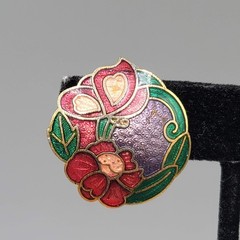 Vintage Butterfly Cloisonne Enamel Clip on Earrings Flowers Gold tone Drop 1 in