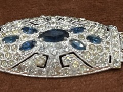 Art Deco Blue Uranium Glow Clear Paste Brooch w/ Baguette & Pavé Rhinestones 2”