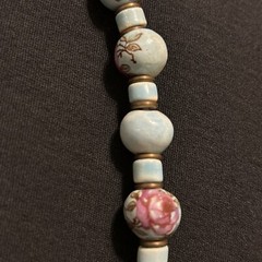 Vintage Hand Painted Porcelain Bead Necklace Turquoise Color Blue With Roses
