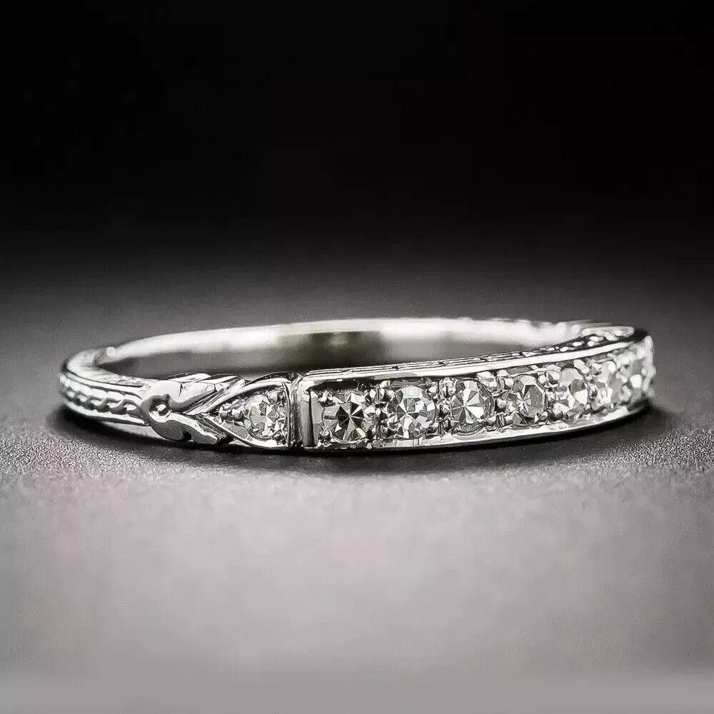 Art Deco Style Round Lab Created Diamond Engagement Band 14K White Gold FN Ring