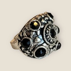 VTG Silver Tone Chunky Black Rhinestones Cocktail Dome Ring Adjustable