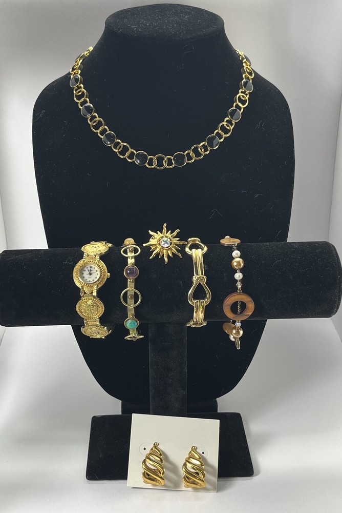 VTG Jewelry Gold Tone Earrings Watch Bracelets Liz Claiborne Neckace Pin READ