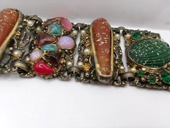 Attributed to Selro Selini Confetti Lucite Panel Bracelet w/Rhinestones, Pearls