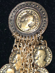 Vintage Signed BLANCA Runway Clip Long Drop Gold Tone Round Faux Coins Etruscan