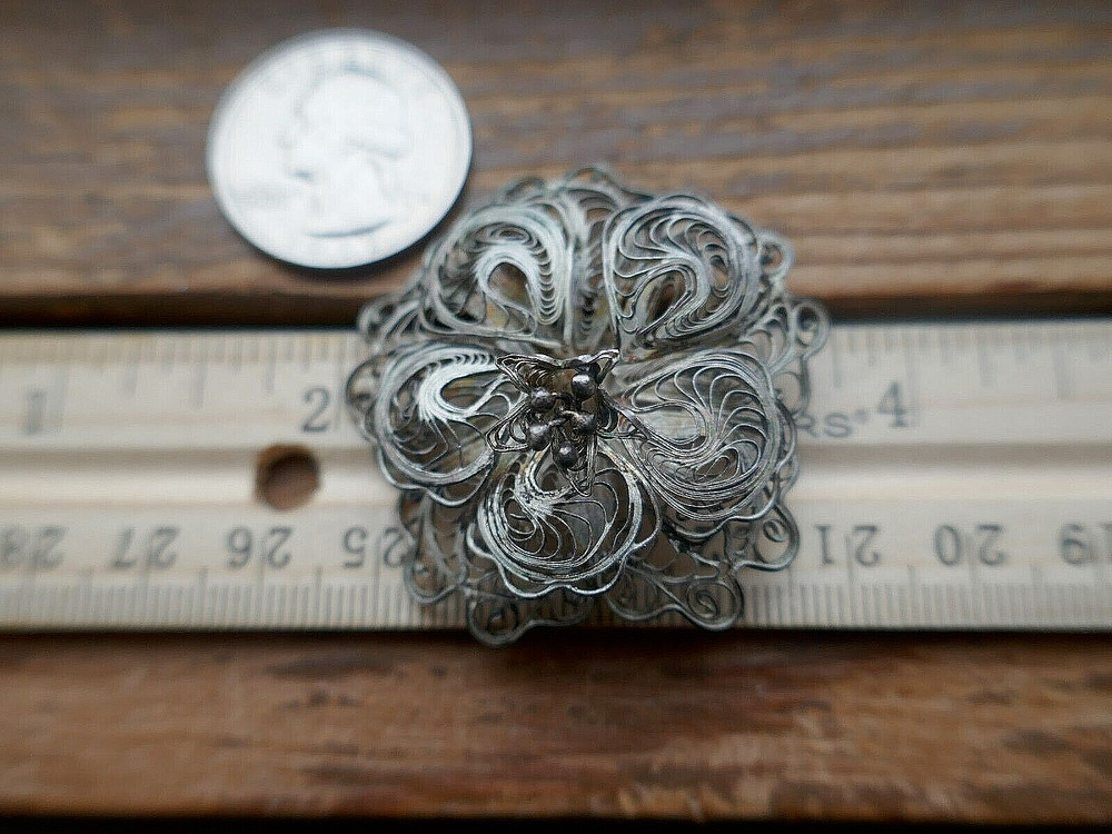 Vintage 925 Mexico Signed Filigree 3D Intricate Spun Wire Flower Brooch 45mm