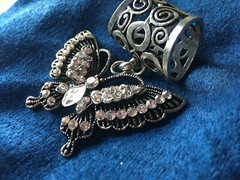 Vintage Slide Open Work Silvertone Butterfly Rhinestone Charm Scarf Pendant 2.5″
