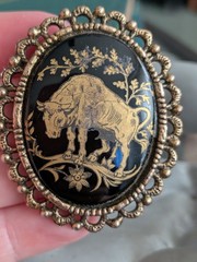 Damascene VTG Astrology Pin Jewelry Taurus Bull Cameo Brooch Animal Art