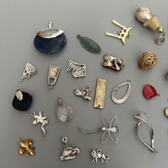 VTG-Now Lot 28 Pendants-Charms Mixed Materials-Metal-Glass-Plastic-Enamel