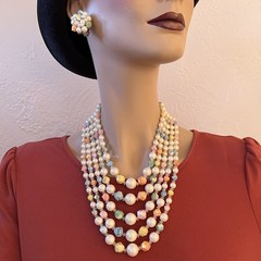 Hong Kong 5 Strand Necklace & Earrings Pastel Yellow Green Peach Blue Pink White