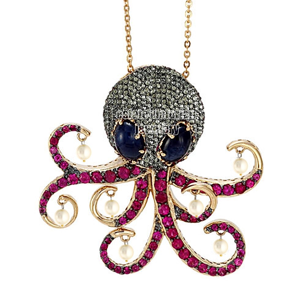 2.90ctw Genuine Rose Cut Diamond Gemstone Silver Vintage Octopus Pendant Jewelry