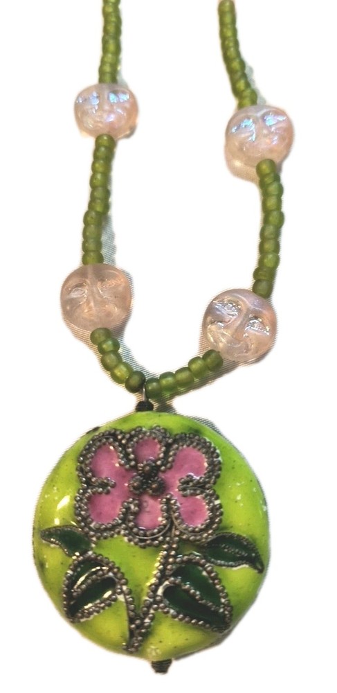 Vintage Cloisonne Flower Pendant Pink Green Glass Beads Metal Necklace Boho Gift