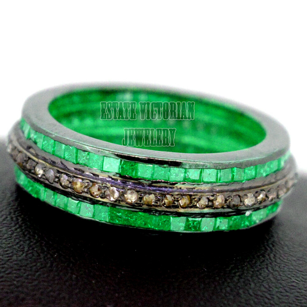 1.07ctw Rose Cut Diamond Emerald Studded Victorian Silver Eternity Ring Jewelry