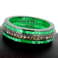 1.07ctw Rose Cut Diamond Emerald Studded Victorian Silver Eternity Ring Jewelry