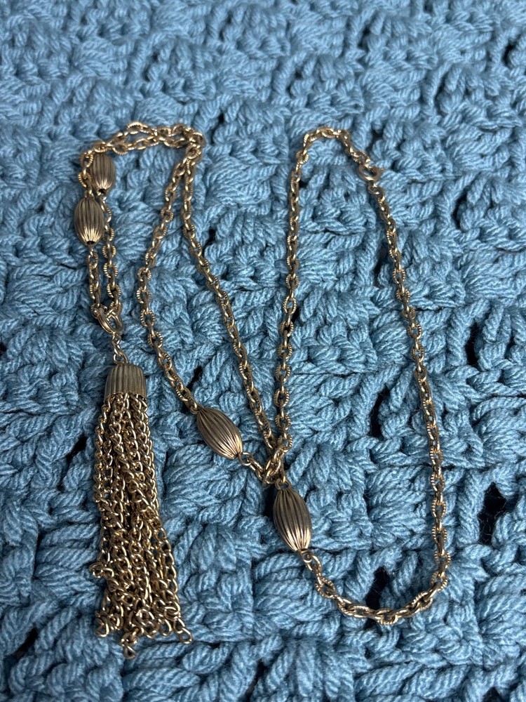 Vintage Goldtone Textured Chain Necklace Station Beads Chain Tassel Pendant 28″