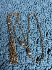 Vintage Goldtone Textured Chain Necklace Station Beads Chain Tassel Pendant 28″