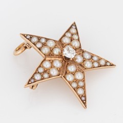 Antique Victorian Diamond Pearl Star Pendant 14k Rose Gold Brooch Jewelry