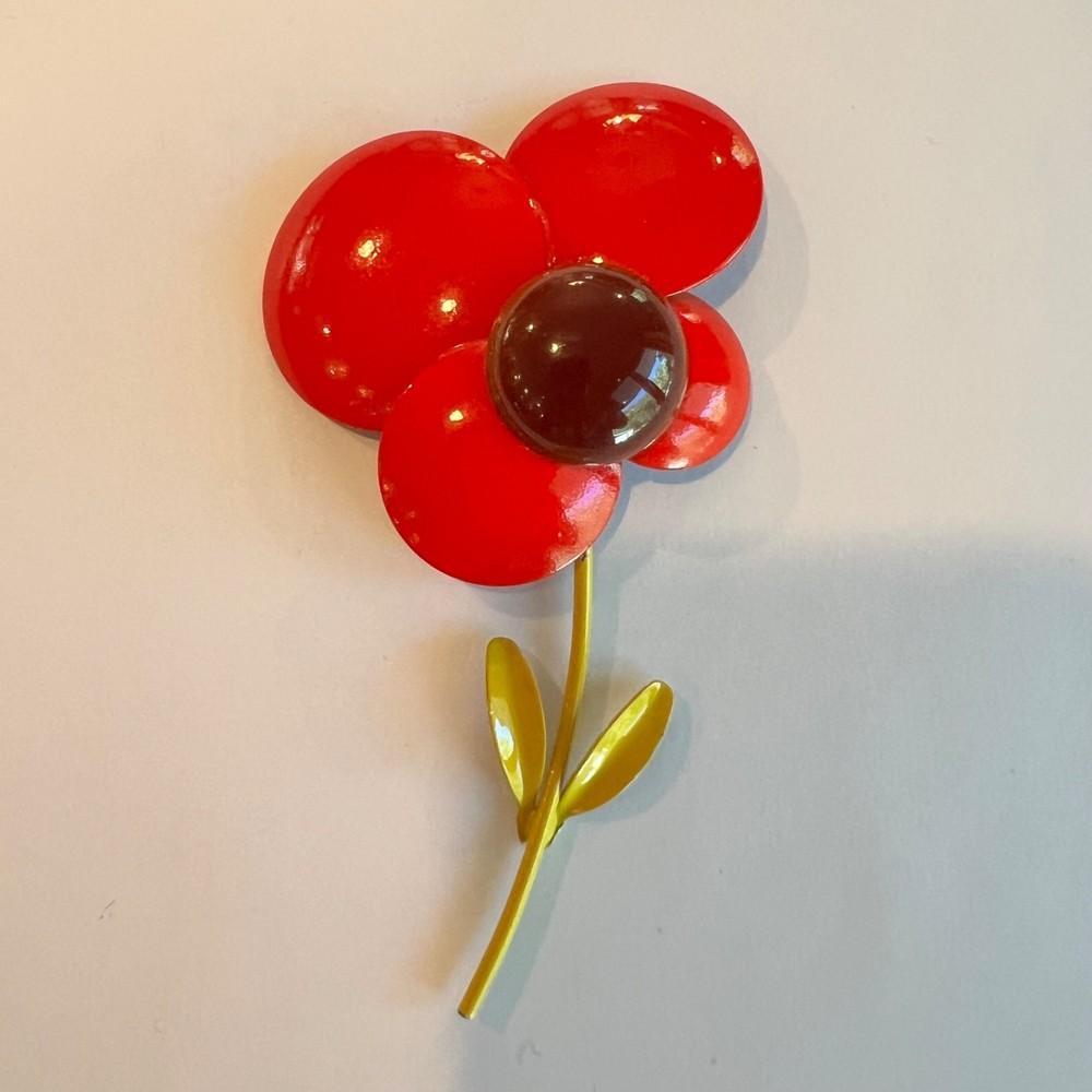 Vintage LARGE, RARE & NICE! 1960s Enamel Flower Brooch Pin in Red Brown Yellow