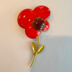 Vintage LARGE, RARE & NICE! 1960s Enamel Flower Brooch Pin in Red Brown Yellow