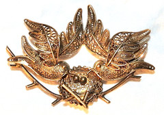 Vintage Silver Pin Filigree Lovebirds in Nest with Eggs with Gold Plate