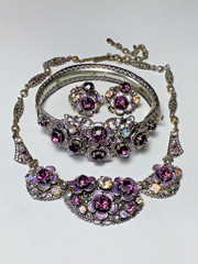 Vintage West Germany Purple AB Rhinestone Floral Demi Parure Jewelry Set