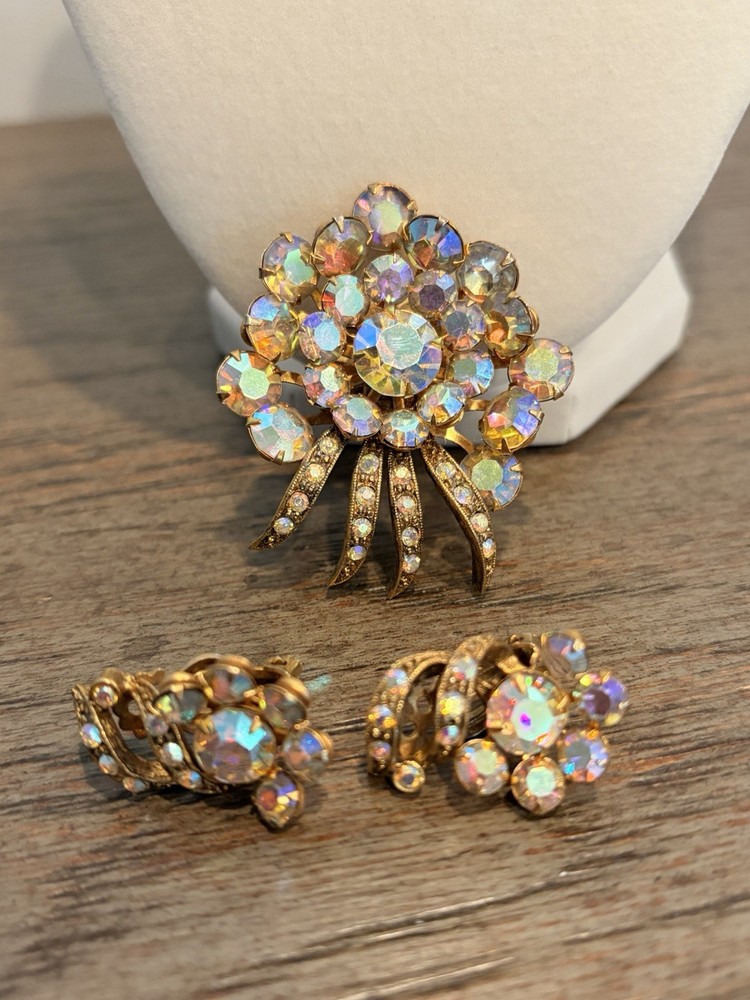 Vintage SELRO Selini Set Brooch + Earrings Parure AB Rhinestones Signed
