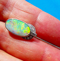 Original EARTH MINED Australian Black OPAL Art Deco DIAMOND Pin Antique PLATINUM