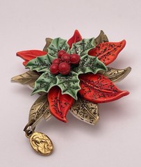 Poinsettia Holly Christmas Plastic Brooch with Dangling Religious Medal