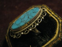 Early Eagle Mark STERLING w/ 21mm OVAL TURQUOISE Wire & Dots Ring. Size 4 LQQK!