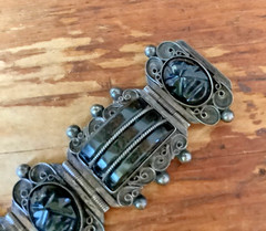 VTG Mexico Sterling Silver BANDED BLACK Onyx Bracelet Carved Mask Face 6O GRAMS