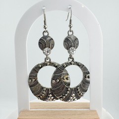 Vintage Boho Silver-Tone Dangle Earrings Rhinestones Tribal Etching Southwestern