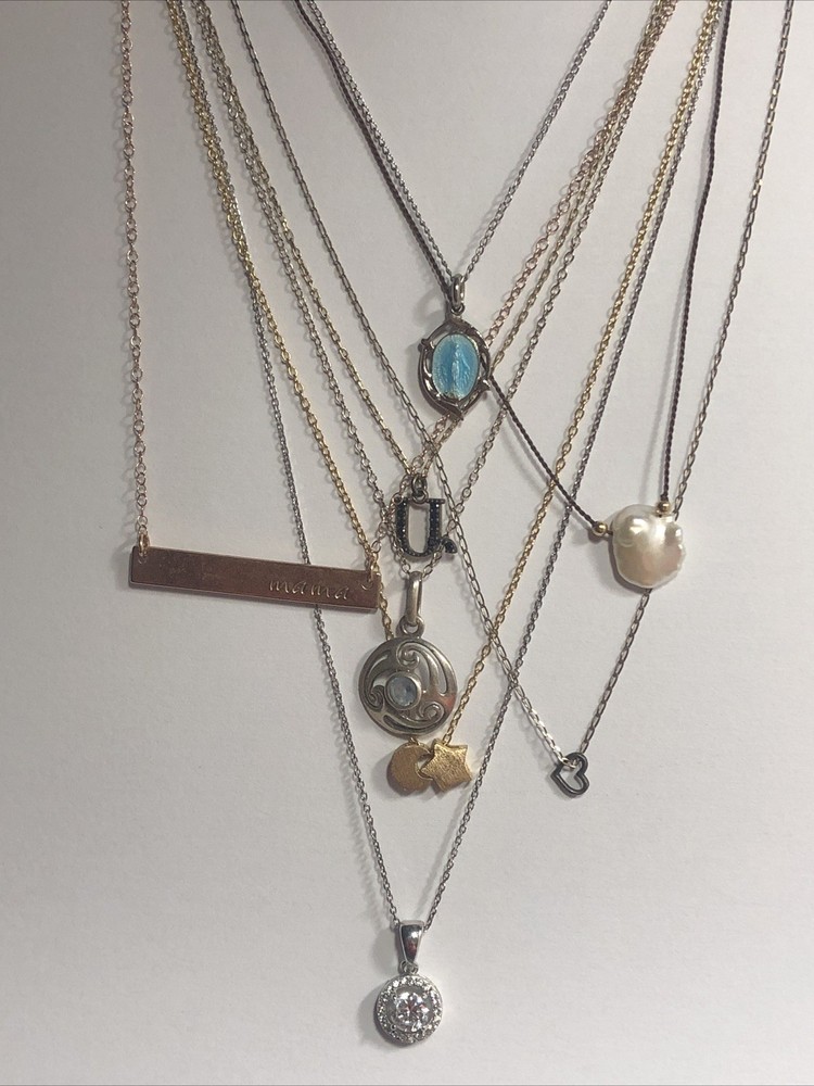 b53. 925 Sterling, GF, Mix material, Enamel, Pearl, Stone 8 chain Necklaces.