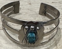 Vintage Silver Color Egyptian Blue Scarab Cuff Bracelet 2.25″ Inside Diameter