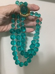 Vintage Graduated Multi Strand Aquamarine Bead Necklace,Fancy Gold Tone Clasp16”