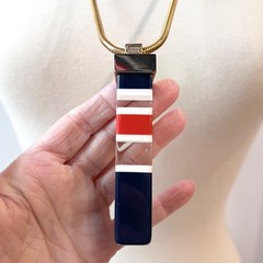 70s Lanvin Pendant, RARE Striped Lucite Pendant on Gold Tone Snake Chain, Signed