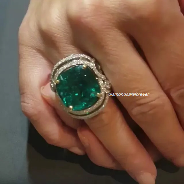 Stunning Colombian Green Cushion Cut 15.04CT Emerald With CZ Accents Unique Ring